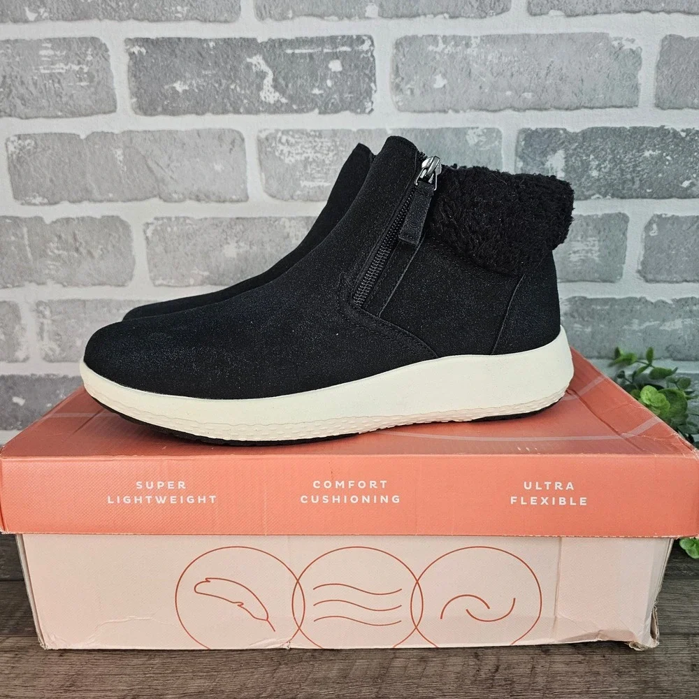 Easy‎ Spirit SEELIN3 Faux Fur Lined Zip Ankle Boots Black Comfort Shoes 9.5M NIB